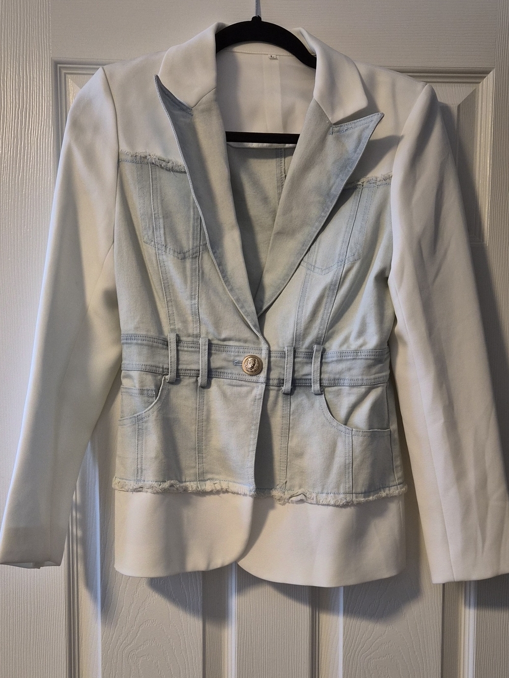 White & Light Denim Mixed-Media Blazer Jacket